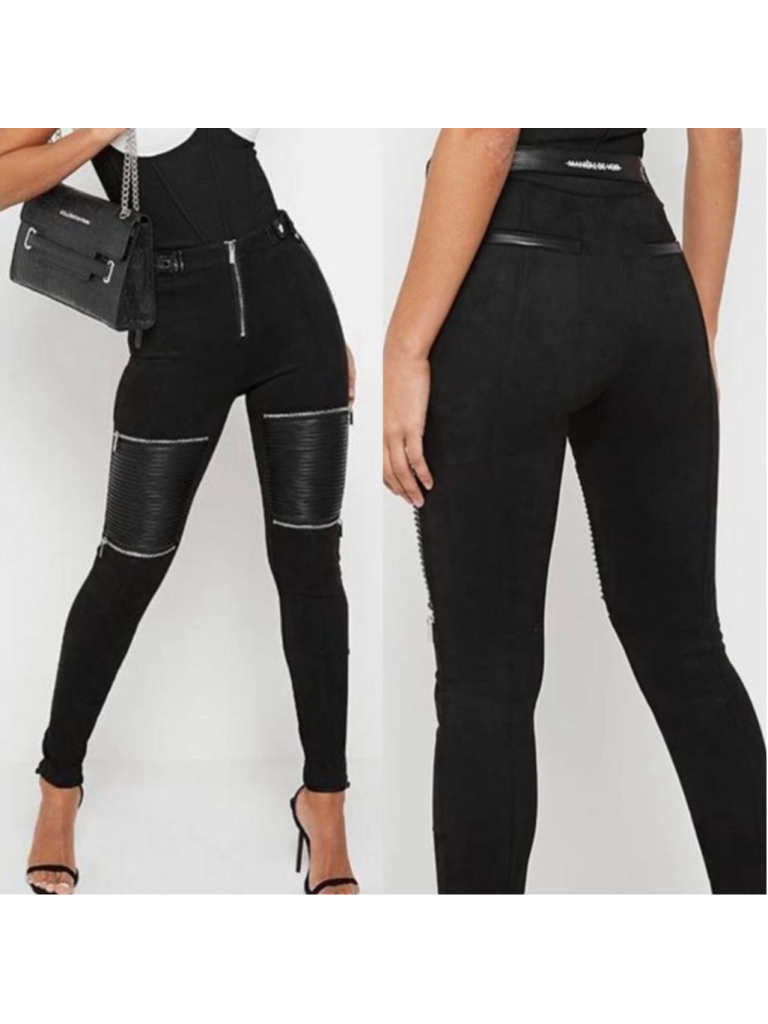 Maniere De Voir Black Vegan Suede Leather Moto Pants Pleated Zippers Size 6-8